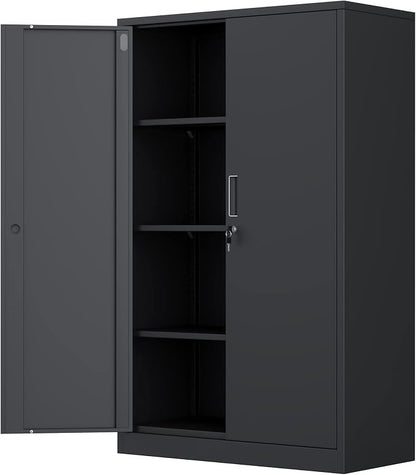 Metal Storage Cabinet with Locking Doors and 3 Adjustable Shelves, 53.5-Inch Tall Lockable Steel Storage Cabinets for Home Office Garage Pantry (Black)