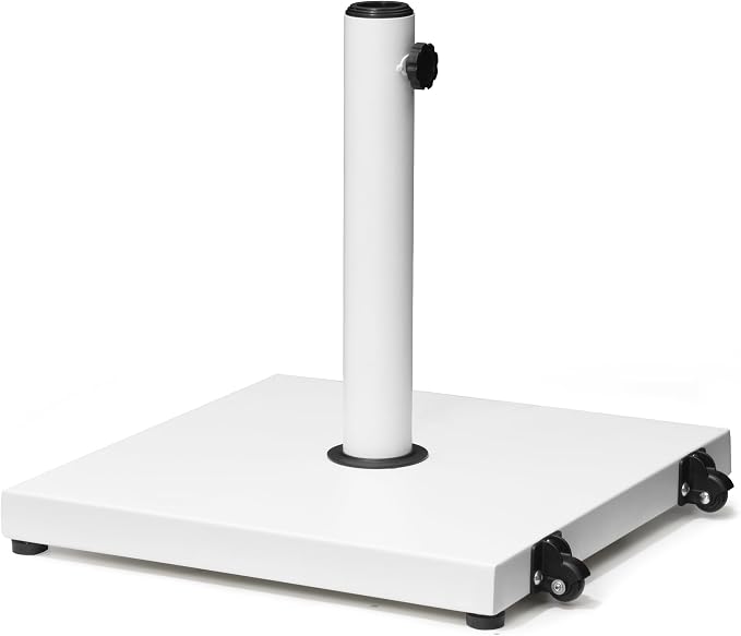 Patio Umbrella Base with Wheels, 43lbs White Outdoor Umbrella Stand | With 2 Wheels, Square Heavy Duty Base, Suitable for 6-12FT Market & Fringe Umbrella, for Deck, Lawn, Pool