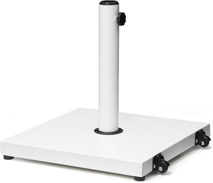 Patio Umbrella Base with Wheels, 43lbs White Outdoor Umbrella Stand | With 2 Wheels, Square Heavy Duty Base, Suitable for 6-12FT Market & Fringe Umbrella, for Deck, Lawn, Pool