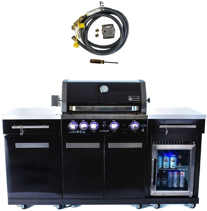 Mont Alpi 70"W x 24"D Black Stainless Steel Outdoor Kitchen Island with Refrigerator + 32"W 4-Burner BBQ Grill + Infrared Burner + Storage Cabinets + Granite Countertops + Natural Gas Conversion Kit