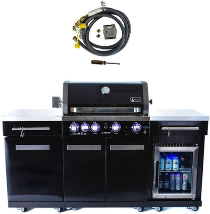 Mont Alpi 70"W x 24"D Black Stainless Steel Outdoor Kitchen Island with Refrigerator + 32"W 4-Burner BBQ Grill + Infrared Burner + Storage Cabinets + Granite Countertops + Natural Gas Conversion Kit
