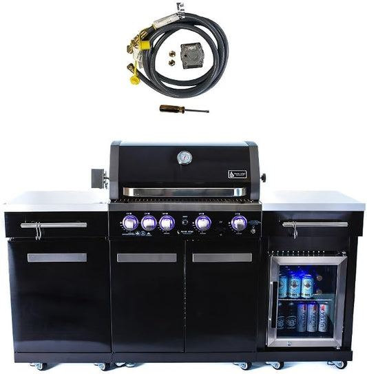 Mont Alpi 70"W x 24"D Black Stainless Steel Outdoor Kitchen Island with Refrigerator + 32"W 4-Burner BBQ Grill + Infrared Burner + Storage Cabinets + Granite Countertops + Natural Gas Conversion Kit