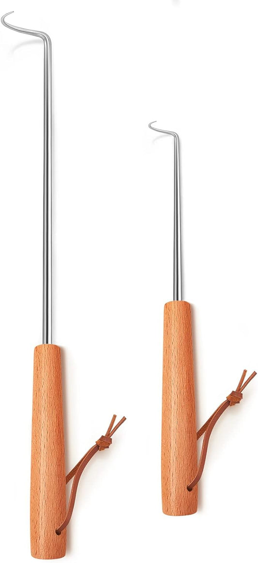Pigtail Food Flipper Set of 2, Joyfair Stainless Steel Meat Hook & Turner Grill Tools for Outdoor BBQ Grilling & Kitchen Frying, Right Handed, Great Replacement to Tongs (12” & 17”, Wooden Handles)