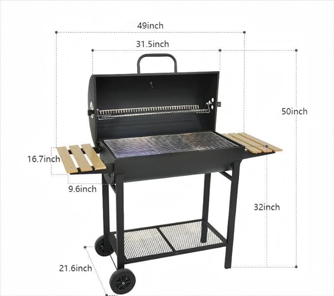 Charcoal Grill with Two Side Tables, Heavy Duty Steel BBQ Grill for Outdoor Picnics, Backyard Patios and Parties