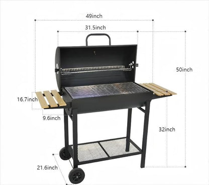 Charcoal Grill with Two Side Tables, Heavy Duty Steel BBQ Grill for Outdoor Picnics, Backyard Patios and Parties
