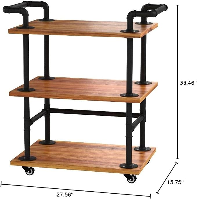 Industrial Pipe Bar Carts, Solid Wood Serving Carts, Rolling Kitchen Carts | Heavy Duty Wine Rack Carts on Wheels with Shelves and Handles, Tea Liquor Shelves/Holder, Bar Furniture for Home