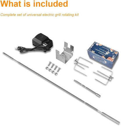 Universal BBQ Grill Rotisserie Kit with 110V-120V 4W Electric Motor for Most Gas Grills, Include 4-Prong Meat Forks and 5/16-Inch Adjustable-Length Square Spit Rods