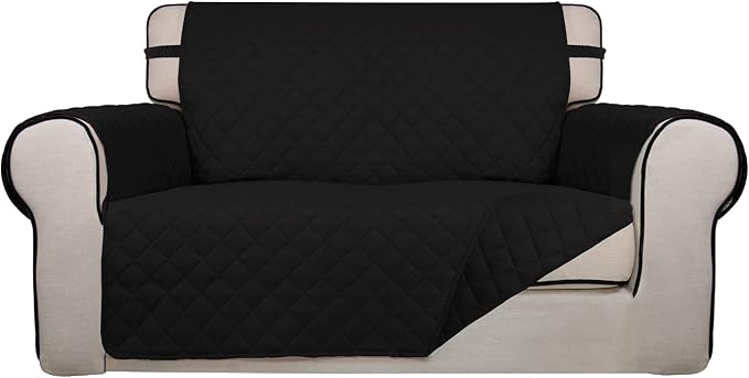 PureFit Reversible Quilted Couch Covers for Dogs Loveseat Sofa Cover 46.5” | Black/Black, Water Resistant Couch Protector, Washable Pet Couch Cover with Non Slip and Elastic Straps For Kids