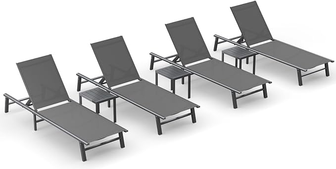 Ciokea Foldable Outdoor Lounge Chair Set of 4 with 3 Aluminum Side Table, No Assembly Aluminum Chaise Lounge Outdoor with 5-Positions & Portable Design for Poolside, Beach, Deck, Patio, Grey