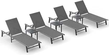 Ciokea Foldable Outdoor Lounge Chair Set of 4 with 3 Aluminum Side Table, No Assembly Aluminum Chaise Lounge Outdoor with 5-Positions & Portable Design for Poolside, Beach, Deck, Patio, Grey