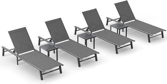Ciokea Foldable Outdoor Lounge Chair Set of 4 with 3 Aluminum Side Table, No Assembly Aluminum Chaise Lounge Outdoor with 5-Positions & Portable Design for Poolside, Beach, Deck, Patio, Grey