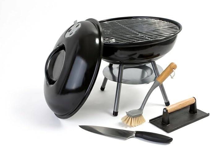14-Inch Kettle Charcoal Grill 4-Piece Set, Round BBQ Grill with Cleaning Brush, Chef Knife, and Cast Iron Press