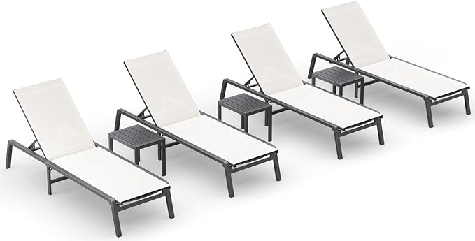 Ciokea Aluminum Foldable Lounge Chairs Set of 4 with 3 Outdoor Aluminum Side Table, Perfect Match, Suitable for Courtyard, Balcony, Lawn and Other Scenes, White