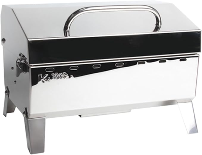 Camco Kuuma Stow N Go 125 Stainless Steel Gas Grill with Latch, Handle, and Pedestal Mount for Patio, Lawn, and Garden, Silver