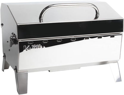 Camco Kuuma Stow N Go 125 Stainless Steel Gas Grill with Latch, Handle, and Pedestal Mount for Patio, Lawn, and Garden, Silver