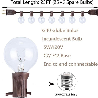 GOOTHY Outdoor String Lights, 25FT Hanging Patio Lights String with 27 G40 Clear Globe Bulbs (2 Spare), Connectable Globe String Lights for Indoor Outdoor Garden Commercial Decor, C7/E12 Base - Brown