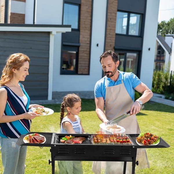 Portable Charcoal Grill, Foldable BBQ Grill with 2-in-1 Non-Stick Griddle & Carrying Bag, Large Kabob Barbecue Grill for Outdoor Camping, Garden, Backyard Party, Picnic, Stainless Steel Grill Grate