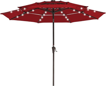 JEAREY 9 ft 3-Tier Outdoor LED Lighted Patio Umbrella w/Crank, Red | Solar Market Table Umbrella with 8 Sturdy Ribs, UV Protection Waterproof Sunproof for Garden, Deck and Backyard