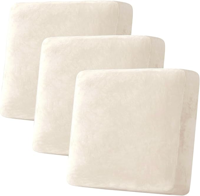 H.VERSAILTEX Velvet Stretch Couch Cushion Cover Plush Cushion Slipcover for Chair Loveseat Sofa Cushion Furniture Protector Seat Cushion Sofa Cover (3 Piece XL Sofa Cushion Covers, Cream)