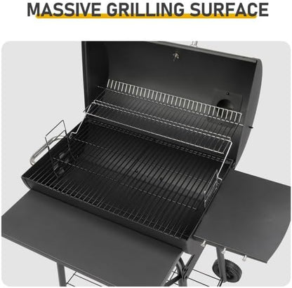 Black Charcoal Grill With Side Table, Mobile BBQ Grill With Wheels, Outdoor Charcoal Barbecue Grill with Wheels for Garden, Camping,Outdoor Grilling Station, Barbecue With Side Table (39INCH)