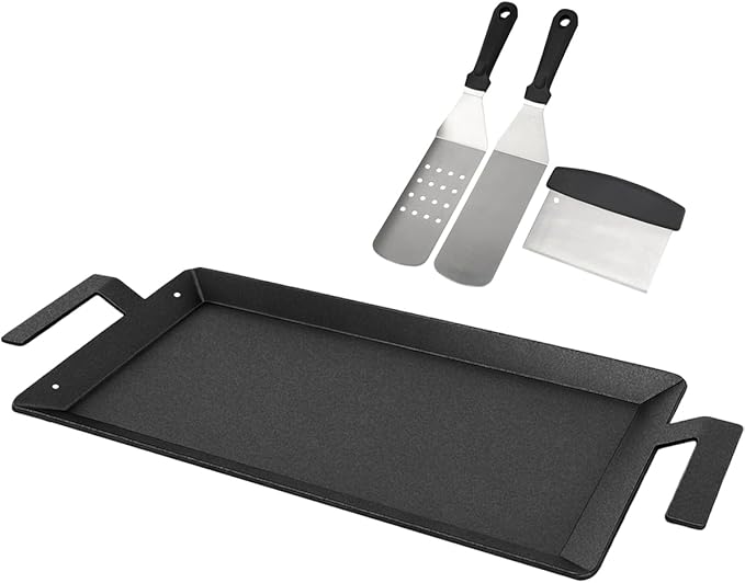 Carbon Steel Griddle for Gas Grill with Spatula Set, 24" x 10" Flat Top Griddle for Stove Top, Induction & Electric Cooktop, Double Burner Griddle Pan, Nonstick Cookware Griddle Insert