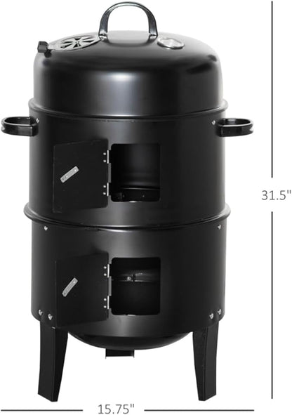 3-in-1 Portable Charcoal Grill & Smoker – Heavy-Duty 304 Stainless Steel BBQ Grill with Adjustable Vents, Built-in Thermometer, Double-Tier Cooking for Camping & Backyard (Black)