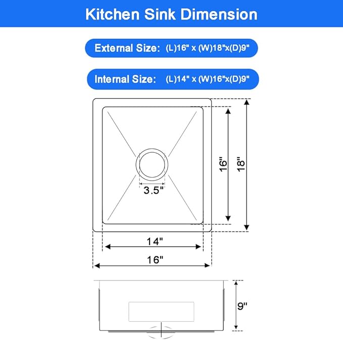 16 x 18 Inch Undermount Kitchen Bar Sink, Handmade Single Bowl 304 Stainless Steel Wet RV Sinks, Indoor and Outdoor Deep Kitchen Laundry Basin with Accessories
