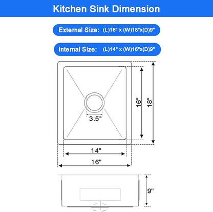 16 x 18 Inch Undermount Kitchen Bar Sink, Handmade Single Bowl 304 Stainless Steel Wet RV Sinks, Indoor and Outdoor Deep Kitchen Laundry Basin with Accessories