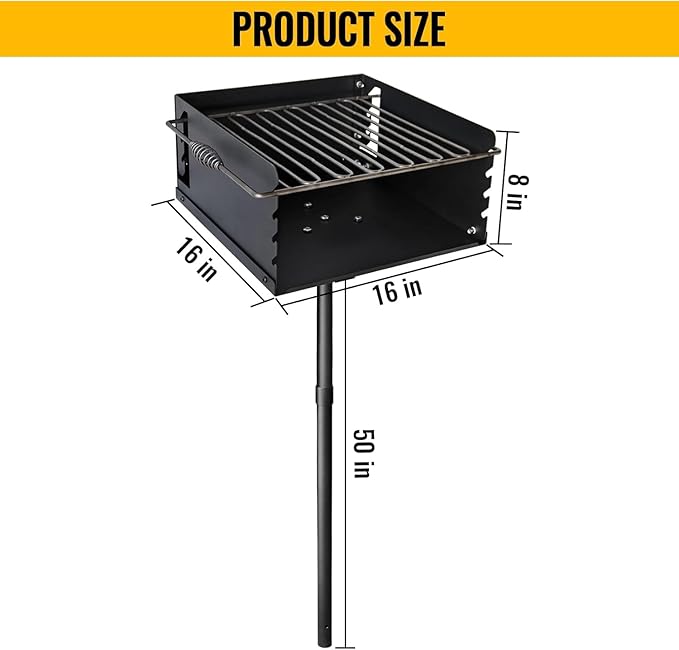 Park Style Charcoal Grill with Cooking Grate, Heavy Duty Carbon Steel Outdoor BBQ Grill with Plate, Single Post Park Grill for Camping, Backyard and Cooking (16 x 16 x 8 Inch)