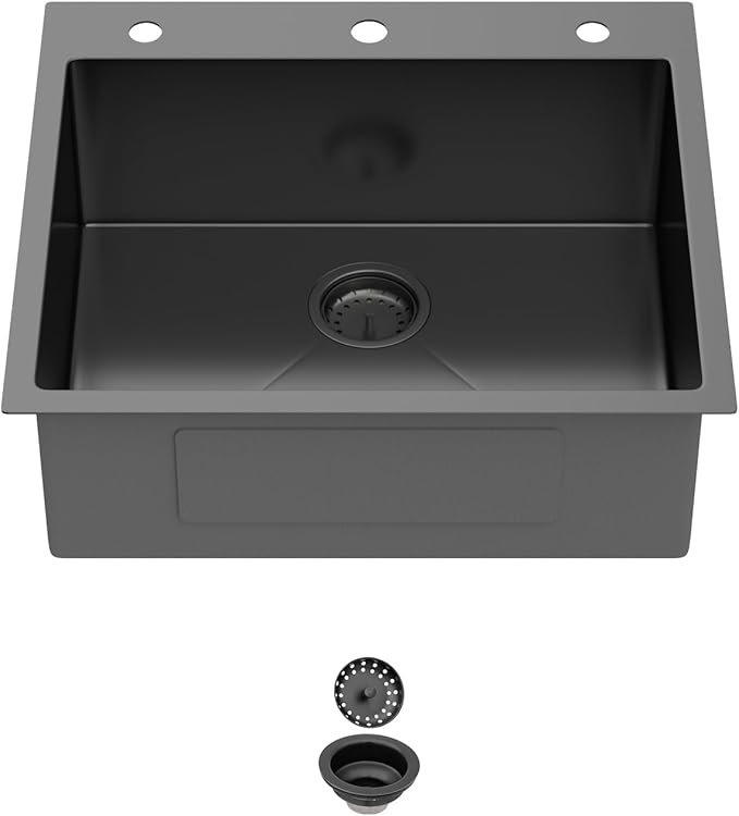 25 Inch Gunmetal Black Drop In Kitchen Sink 25 x 22 Kitchen Sink 18 Gauge Stainless Steel Single Bowl Topmount Sink with Nano Coating, 25x22x8