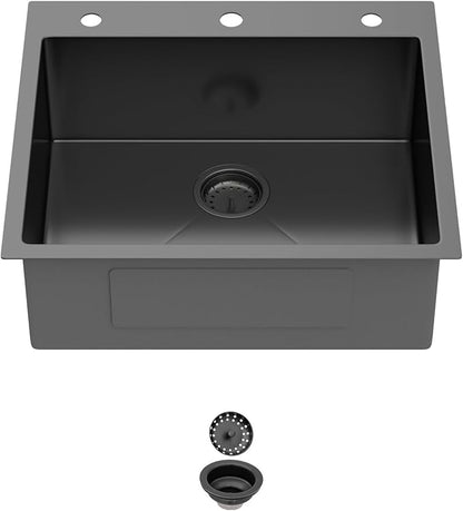 25 Inch Gunmetal Black Drop In Kitchen Sink 25 x 22 Kitchen Sink 18 Gauge Stainless Steel Single Bowl Topmount Sink with Nano Coating, 25x22x8