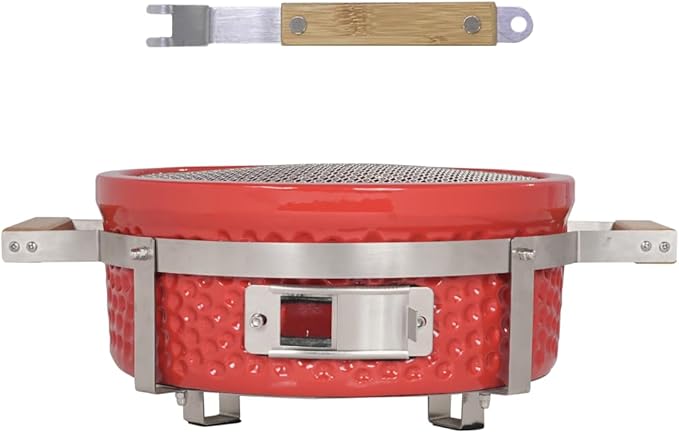 Yakitori Charcoal Grill, Japanese Ceramic Tabletop BBQ Grill with Stainless Steel Stand & Grid Lifter, Portable Indoor/Outdoor Hibachi Grill for 2–5 People, 16"x9", Red, Gift for Chrismas