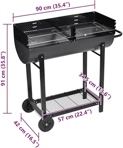 Charcoal Grill BBQ for Outdoor Cooking, Portable Backyard Barbecue Smoker with Wheels and Bottom Shelf, Sturdy Steel Construction, 39.4 Inch Length, Black