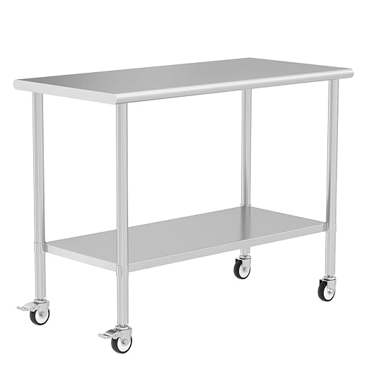 Stainless Steel Table with Wheels 24" x 60" Utility Worktable with Adjustable Undershelf for Commercial Kitchen, Garage, Restaurant