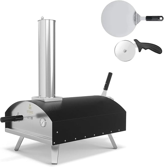 Stoke 13-Inch Wood Pizza Oven With Gas Burner, Peel, Rain Cover, and Cutter Included for Backyard, Camping, or Tailgating