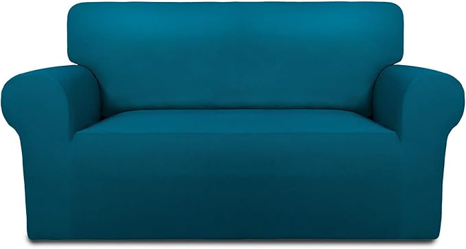PureFit Stretch Loveseat Covers Fleece Couch Covers for Sofa Peacock Blue | 1-Piece Sofa Slipcover Soft Couch Protector, Sofa Cover Washable with Non Skid Foam and Elastic Bottom for Kids, Dogs