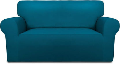 PureFit Stretch Loveseat Covers Fleece Couch Covers for Sofa Peacock Blue | 1-Piece Sofa Slipcover Soft Couch Protector, Sofa Cover Washable with Non Skid Foam and Elastic Bottom for Kids, Dogs