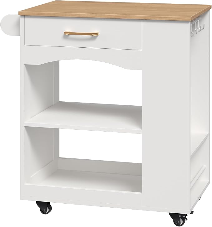MAHANCRIS Kitchen Island, Mobile Kitchen Island Table with Drawer and Open Shelves, Kitchen Storage Island on Wheels, Rolling Kitchen Cart with 6 S-Shaped Hooks, for Kitchen White and Natural KIBN9901