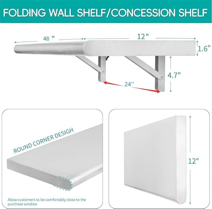 Concession Shelf 48"L x 12"W，22 gauge ASTM 304 Stainless Steel Folding Serving Food Shelves ，Wall Mount Shelving , Stainless Steel Shelf For Food Truck, grill area,BBQ working table, Restaurant .NSF