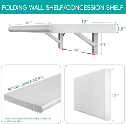 Concession Shelf 48"L x 12"W，22 gauge ASTM 304 Stainless Steel Folding Serving Food Shelves ，Wall Mount Shelving , Stainless Steel Shelf For Food Truck, grill area,BBQ working table, Restaurant .NSF