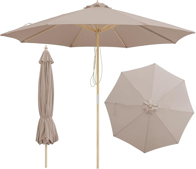 9FT/10FT Wood Patio Umbrella, Large Outdoor Table Pool Umbrella | 205G Olefin/180G Polyester Fabric, Push-Pull Operation Market Umbrella, 8 Rib Vented Canopy, Ideal for Patio, Backyard