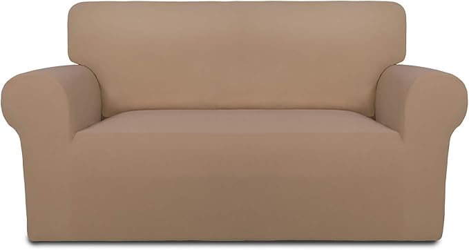 PureFit Stretch Loveseat Covers Fleece Couch Covers for Sofa Camel | 1-Piece Sofa Slipcover Soft Couch Protector, Sofa Cover Washable with Non Skid Foam and Elastic Bottom for Kids, Dogs