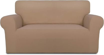 PureFit Stretch Loveseat Covers Fleece Couch Covers for Sofa Camel | 1-Piece Sofa Slipcover Soft Couch Protector, Sofa Cover Washable with Non Skid Foam and Elastic Bottom for Kids, Dogs