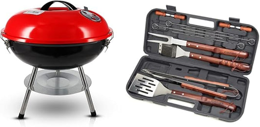 Gas One – 14-inch Portable Barbecue Grill with 3-Point Locking Lid for Heat Preservation – Dual Venting System – Small Charcoal Grill for Backyard, Camping & Cuisinart CGS-W13 Wooden Handle Tool Set