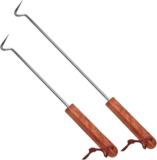 2Pcs Food Flipper Turner Hooks Stainless Steel BBQ Meat Turners Cooking Barbecue Hooks Grill Accessories with Wooden Handle for Grilling & Smoking (17.5 in+12.5 in)