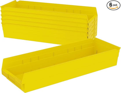 Akro-Mils 30184 Heavy Duty Plastic Shelf Bins, 24"x 8"x 4", Yellow, 6-Pack | Heavy Duty Nesting Storage Bins for Garage, Closet, Refrigerator, Kitchen, Cabinet, Drawer Organization, Pantry Organization