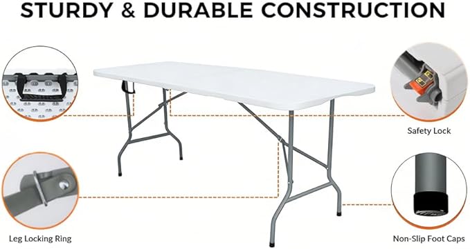 Folding Table 6ft Foldable Table with Built in Handle & Steel Legs / 6FT Heavy Duty Folding Portable,Perfect for Party, Dining Indoor/Outdoor Events, Tailgating & Backyard BBQ, White