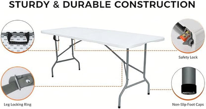 Folding Table 6ft Foldable Table with Built in Handle & Steel Legs / 6FT Heavy Duty Folding Portable,Perfect for Party, Dining Indoor/Outdoor Events, Tailgating & Backyard BBQ, White