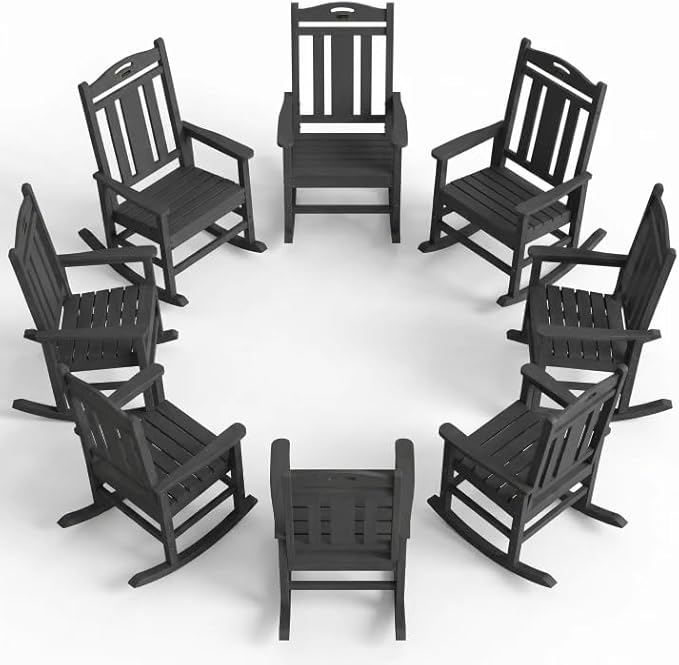Ciokea Oversized Outdoor Rocking Chairs Set of 8, 380lbs Heavy-Duty Large Patio Rocker, High Back Cozy Porch Chairs, Weather Resistant Patio Rocking Chairs for Outside, Fire Pit, Deck, Dark Grey