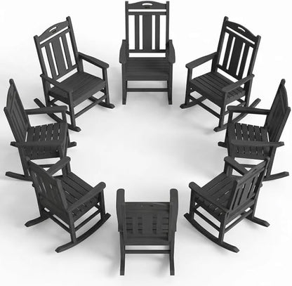 Ciokea Oversized Outdoor Rocking Chairs Set of 8, 380lbs Heavy-Duty Large Patio Rocker, High Back Cozy Porch Chairs, Weather Resistant Patio Rocking Chairs for Outside, Fire Pit, Deck, Dark Grey